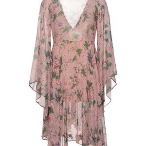 Anjuna Raffaella Silk Chiffon Mini Dress Antique Rose Floral Bell Sleeves Sz XS